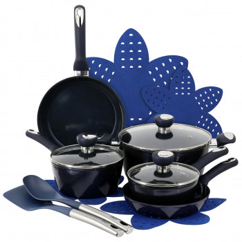 Oster Hawke 14 Piece Ceramic Nonstick Cookware Set in Dark Blue