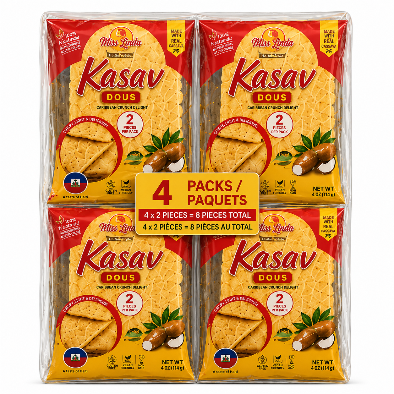 Cassava Snack: Kasav Miss Linda, Haitian Kasav Dous, 4 packs (8 kasav)