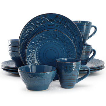 Elama Malibu Deep Ocean 16-Piece Stoneware Dinnerware Set in Dark Blue
