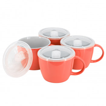 Gibson Home On The Go 4 Piece 25 Ounce Stoneware Soup Cup Set with Lid in Red
