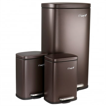 Elama 3 Piece 8 Gallon and 1.3 Gallon Stainless Steel Step Trash Bin Combo Set with Slow Close Mechanism in Matte Bronze