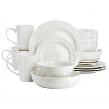 Elama Nikki 18 Piece Ribbed White Porcelain Dinnerware and Serving Bowl Set
