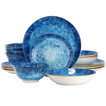 Elama Oceanus 16 Piece Porcelain Double Bowl Dinnerware Set in Blue