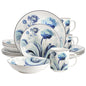 Elama Peony Garden 16 Piece Floral Design Round Porcelain Dinnerware Set in Blue