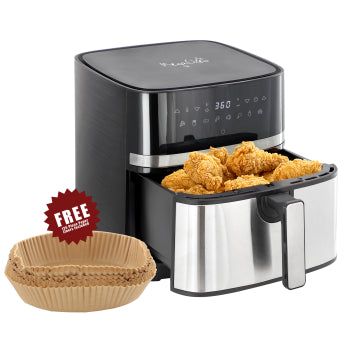 MegaChef 8.5 Quart Bundle Electric Air Fryer in Black and Stainless Steel with 125 Piece Paper Liners
