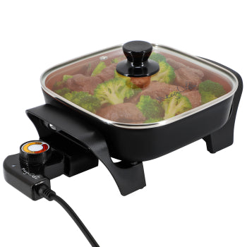 MegaChef 8 Inch Electric Skillet with Lid in Black with Copper Coating