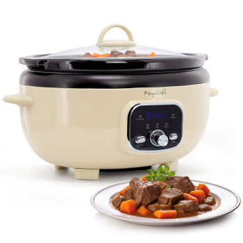 MegaChef 3.7 Quart Oval Electric Digital Slow Cooker in Cream with Black Pot